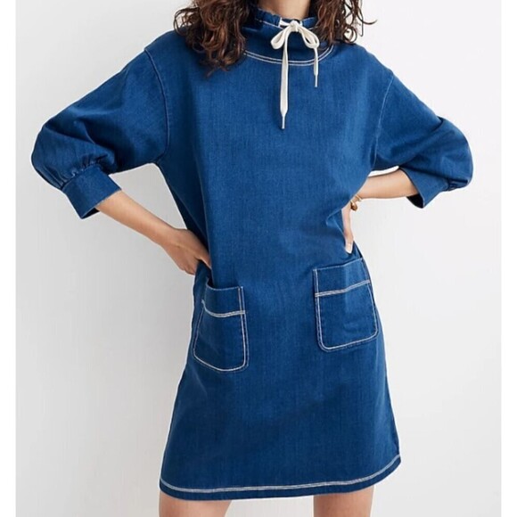 Madewell Women Size XXS Denim Sweatshirt Tunic Shift Mini Dress Funnel Neck Mod - Picture 3 of 13